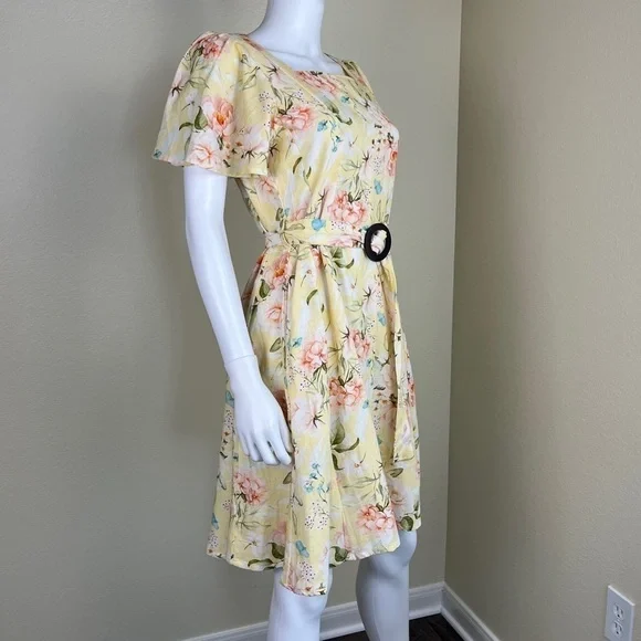Code By Lifestyle Women’s Size 12 Yellow Floral Linen Cotton Fit & Flare Dress - Picture 12 of 16